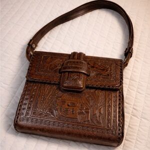 Vintage Brown Hand Tooled Leather Shoulder Bag